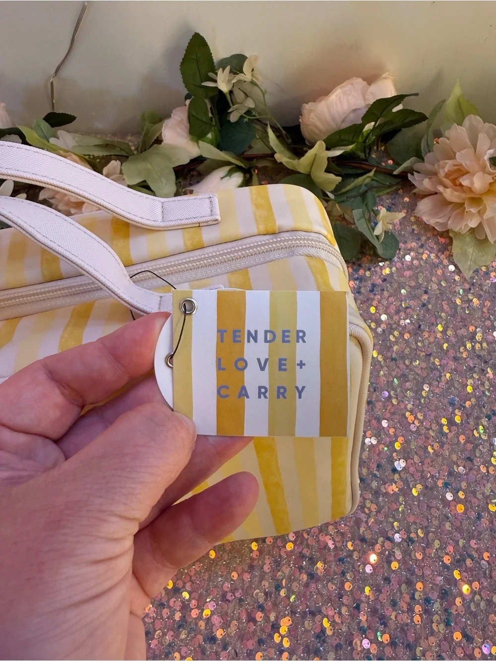 NWT Tender Love + Carry Toiletry Weekender Bag in Yellow/Beige Vertical Stripes